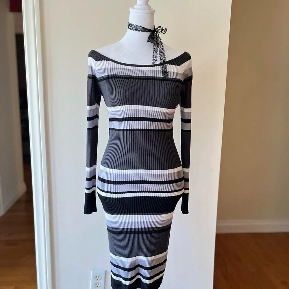 Vintage Y2K Black Gray Ribbed Knit Bodycon Sweater Dress Derek Heart 2000s S-M - Picture 5 of 10